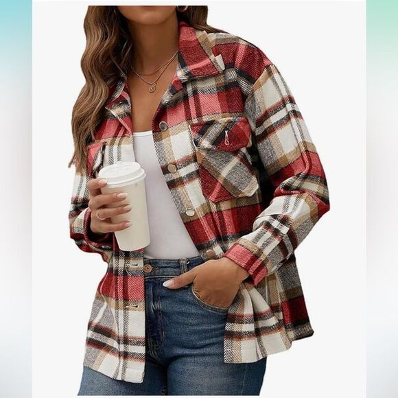 S Deer concept Womens Casual Flannel Plaid Shirts Shacket Jacket Small NWT - Picture 2 of 6